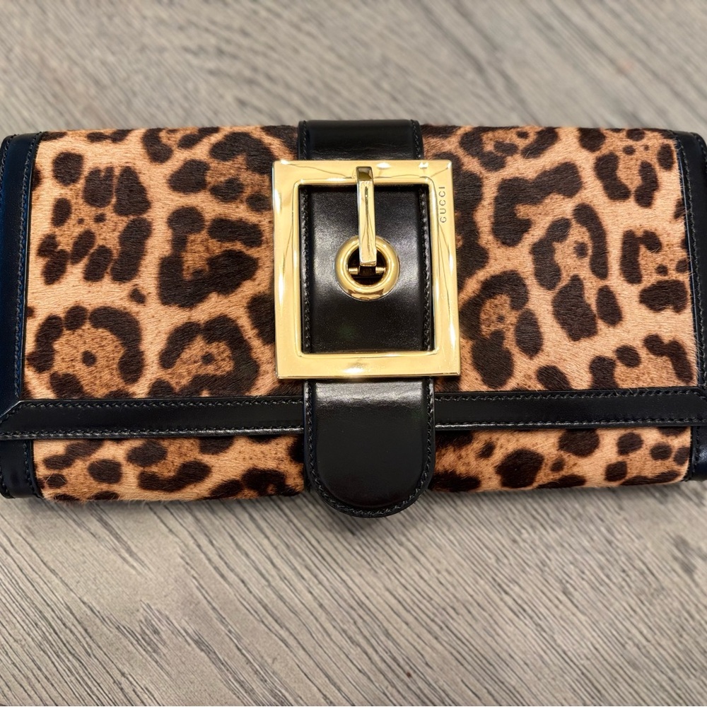 Gucci Leopard Print Clutch with Black Accents